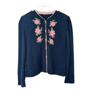 Vintage 90s Coquette Navy Cardigan w/ Floral Embroidery & Black Buttons Small